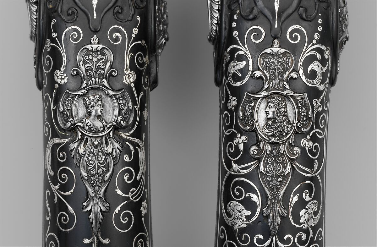 Pair of Snaphaunce Pistols, Matteo Cecchi, called Acquafresca (Italian, Bargi, 1651–1738), Steel, silver, wood (ebony), Italian, Bargi