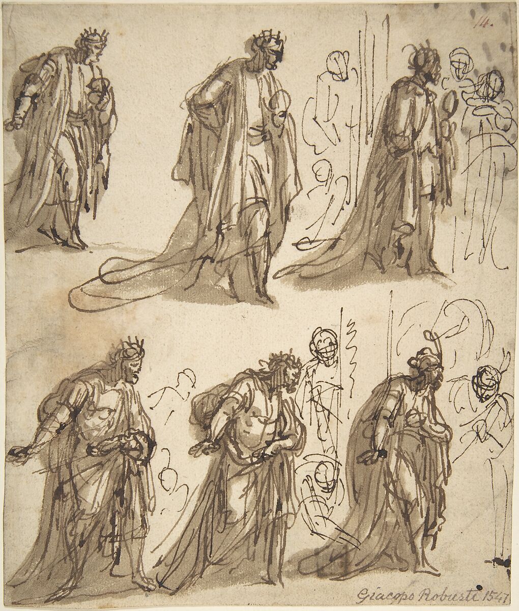 Six Studies of a King for an Adoration, Anonymous, Italian, Venetian, 16th century, Pen and ink, brush and brown wash on cream-colored paper 