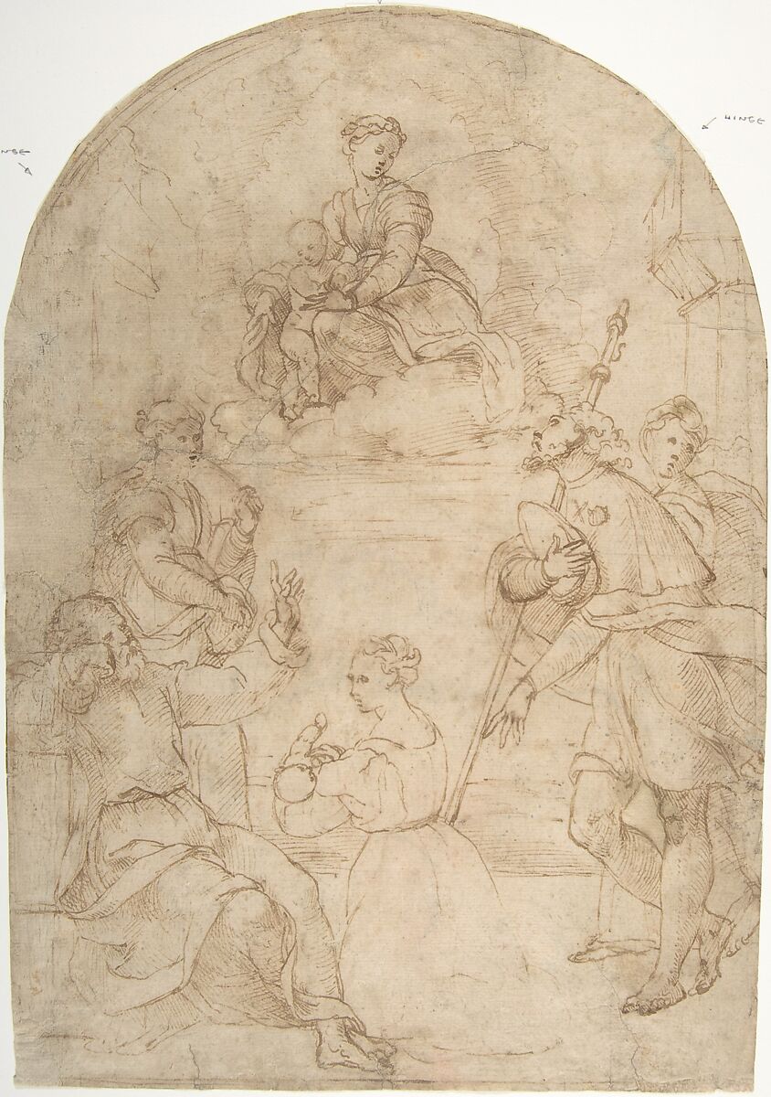 Saint Roch Recommending a Woman with a Sick Child to the Virgin (recto); Figure of a Man Holding a Book; Nude Figure of a Man (verso), Anonymous, Italian, 16th century (Italian, active Central Italy, ca. 1550–1580), Pen and brown ink on cream-colored paper (recto).  Traces of framing outlines in the form of an arch in pen and brown ink apparently by artist.  Top has been trimmed to form an arch (recto); nude studies, one in red chalk and one in black chalk (verso) 