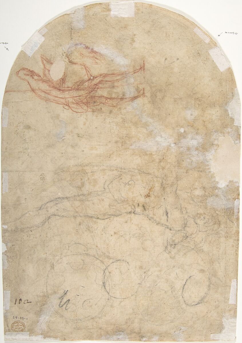 Saint Roch Recommending a Woman with a Sick Child to the Virgin (recto); Figure of a Man Holding a Book; Nude Figure of a Man (verso), Anonymous, Italian, 16th century (Italian, active Central Italy, ca. 1550–1580), Pen and brown ink on cream-colored paper (recto).  Traces of framing outlines in the form of an arch in pen and brown ink apparently by artist.  Top has been trimmed to form an arch (recto); nude studies, one in red chalk and one in black chalk (verso)