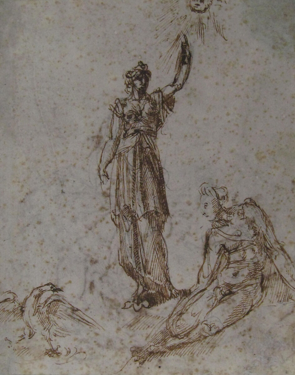 Two Women with Sun and Bird (recto); Two Men Fighting and a Fallen Horse (verso), Anonymous, Italian, Florentine, 16th century, Pen and dark brown ink over black chalk (recto); pen and dark brown ink (verso).  Later framing outline in pen and dark brown ink on recto