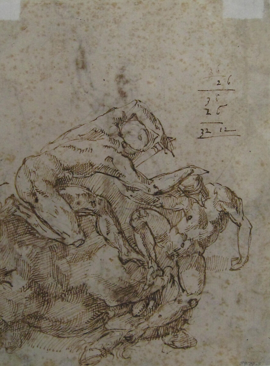 Two Women with Sun and Bird (recto); Two Men Fighting and a Fallen Horse (verso), Anonymous, Italian, Florentine, 16th century, Pen and dark brown ink over black chalk (recto); pen and dark brown ink (verso).  Later framing outline in pen and dark brown ink on recto