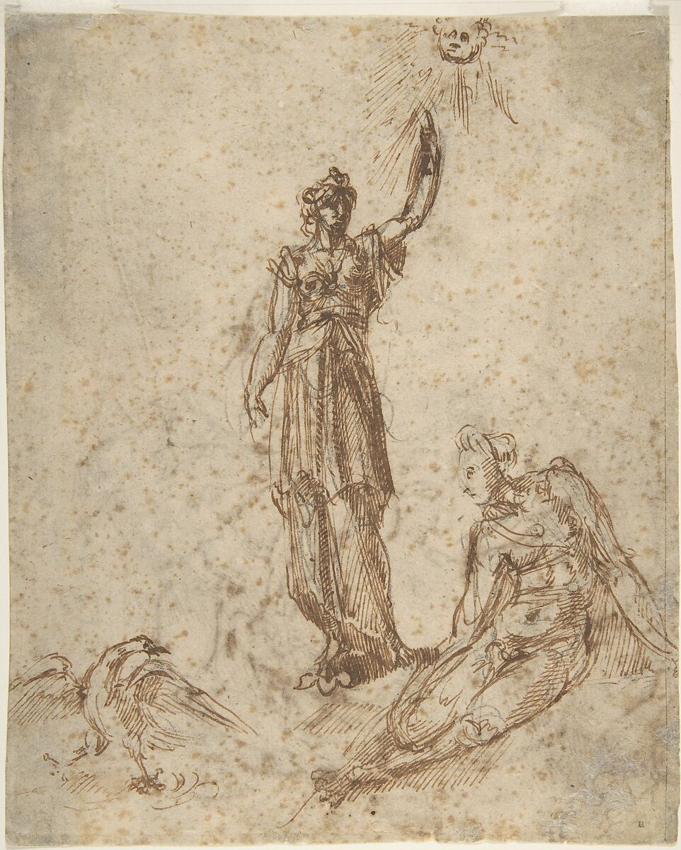 Two Women with Sun and Bird (recto); Two Men Fighting and a Fallen Horse (verso), Anonymous, Italian, Florentine, 16th century, Pen and dark brown ink over black chalk (recto); pen and dark brown ink (verso).  Later framing outline in pen and dark brown ink on recto 