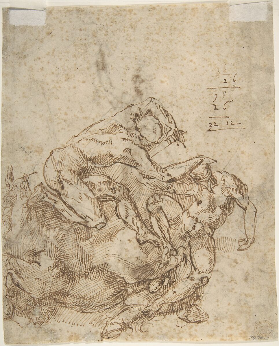 Two Women with Sun and Bird (recto); Two Men Fighting and a Fallen Horse (verso), Anonymous, Italian, Florentine, 16th century, Pen and dark brown ink over black chalk (recto); pen and dark brown ink (verso).  Later framing outline in pen and dark brown ink on recto