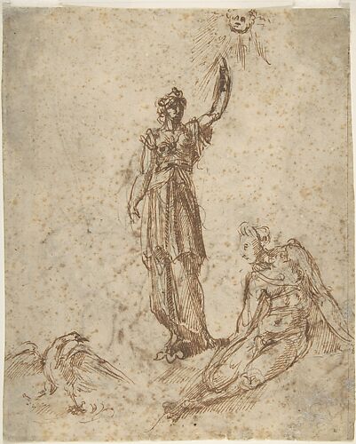 Two Women with Sun and Bird (recto); Two Men Fighting and a Fallen Horse (verso)