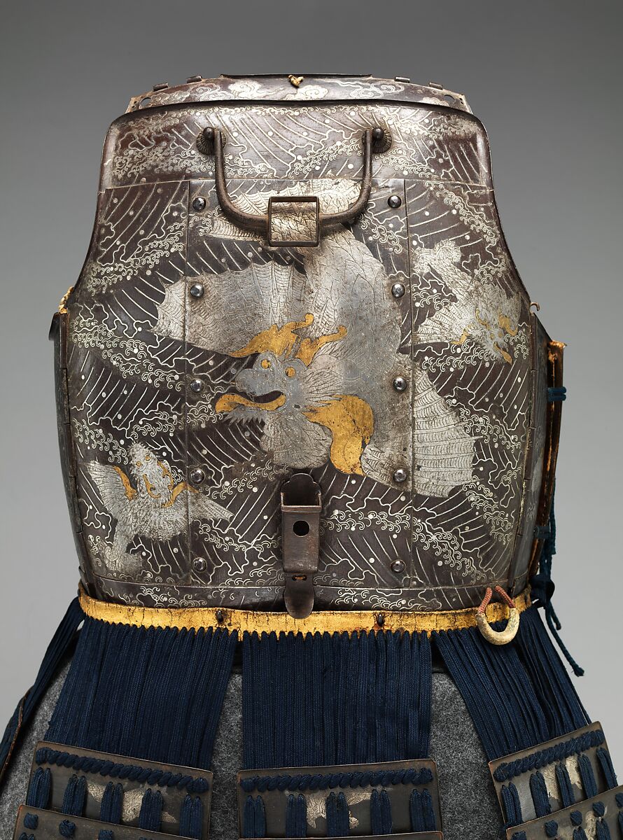 Cuirass (Armor for the Torso and Hips) and Greaves (Lower Leg Defenses), Iron, silver, gold, copper alloy, leather, wood, textile, Japanese