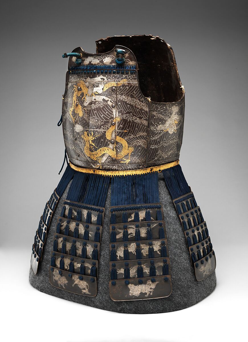 Cuirass (Armor for the Torso and Hips) and Greaves (Lower Leg Defenses), Iron, silver, gold, copper alloy, leather, wood, textile, Japanese