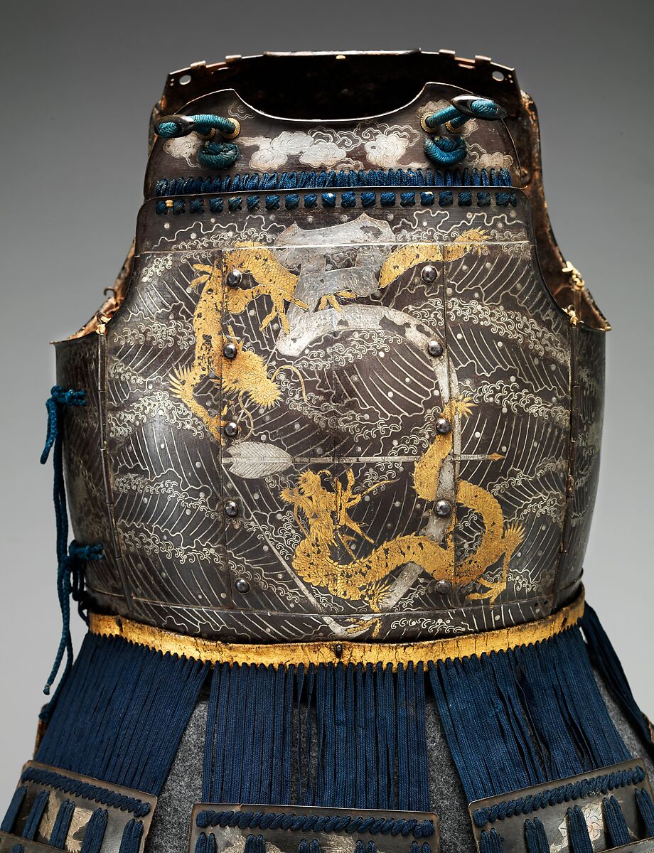 Cuirass (Armor for the Torso and Hips) and Greaves (Lower Leg Defenses), Iron, silver, gold, copper alloy, leather, wood, textile, Japanese