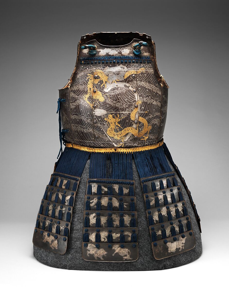 Cuirass (Armor for the Torso and Hips) and Greaves (Lower Leg Defenses), Iron, silver, gold, copper alloy, leather, wood, textile, Japanese 