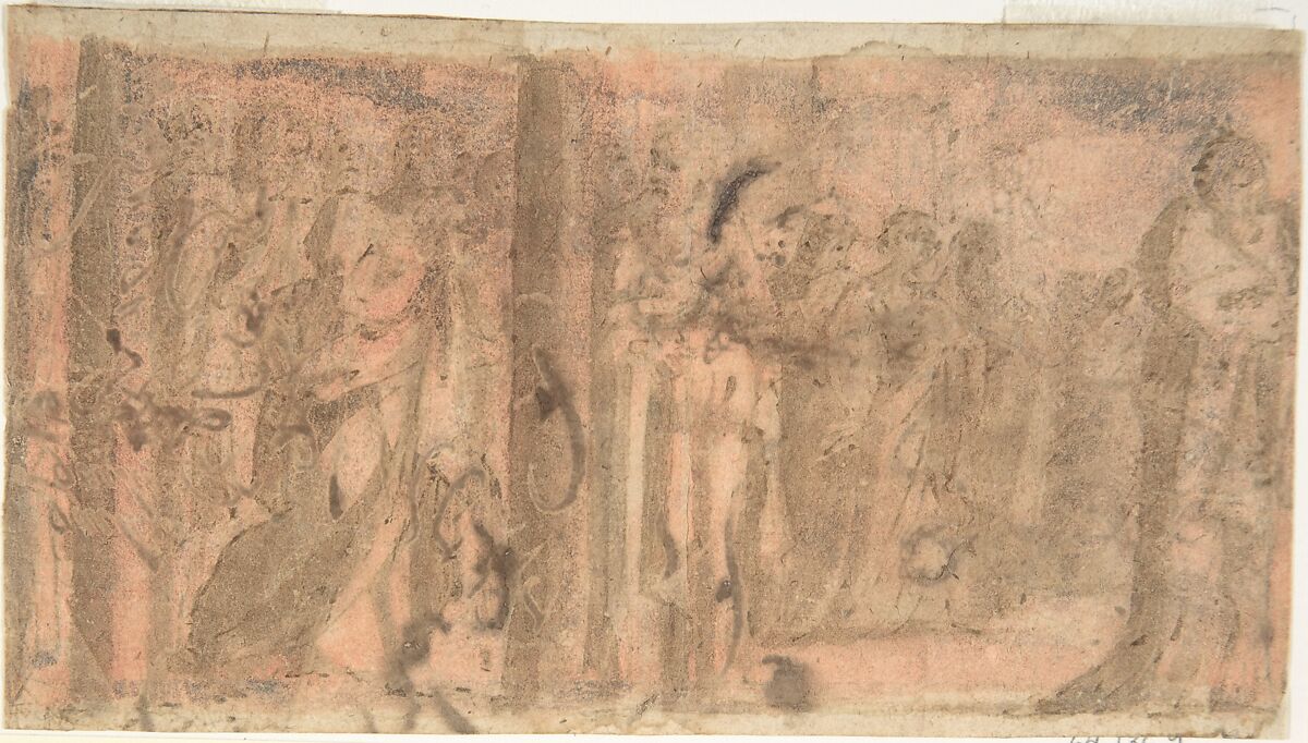 Study of a Scene of Martyrdom (recto); Study of Three Figures (verso), Anonymous, Italian, 16th century (Italian, active Central Italy, ca. 1550–1580), Pen and brown ink, brush and brown wash on red washed paper (recto); pen and brown ink (verso) 