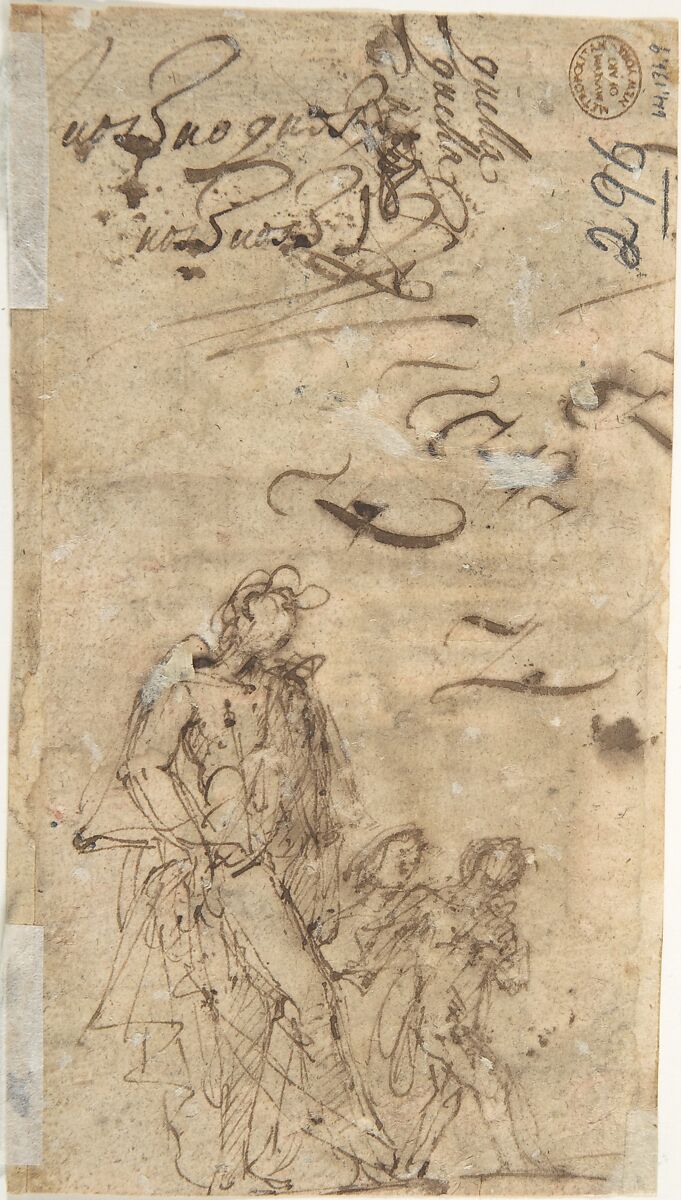 Study of a Scene of Martyrdom (recto); Study of Three Figures (verso), Anonymous, Italian, 16th century (Italian, active Central Italy, ca. 1550–1580), Pen and brown ink, brush and brown wash on red washed paper (recto); pen and brown ink (verso)