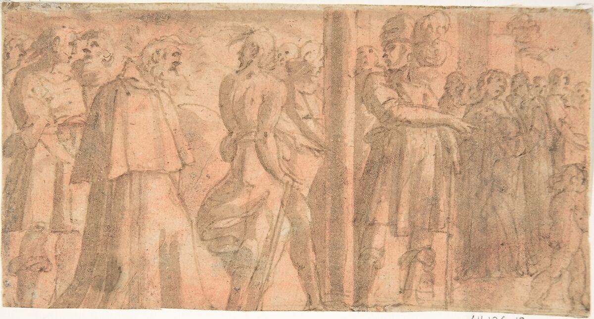 Study of a Scene of Martyrdom, Anonymous, Italian, 16th century (Italian, active Central Italy, ca. 1550–1580), Pen and brown ink, brush and brown wash on red washed paper 