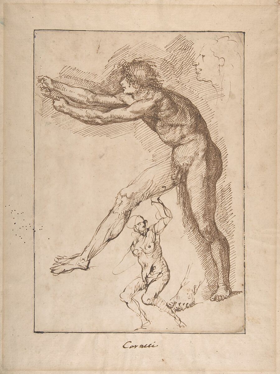 Studies of a Nude Male Figure, Anonymous, Italian, Roman-Bolognese, 17th century, Pen and brown ink 