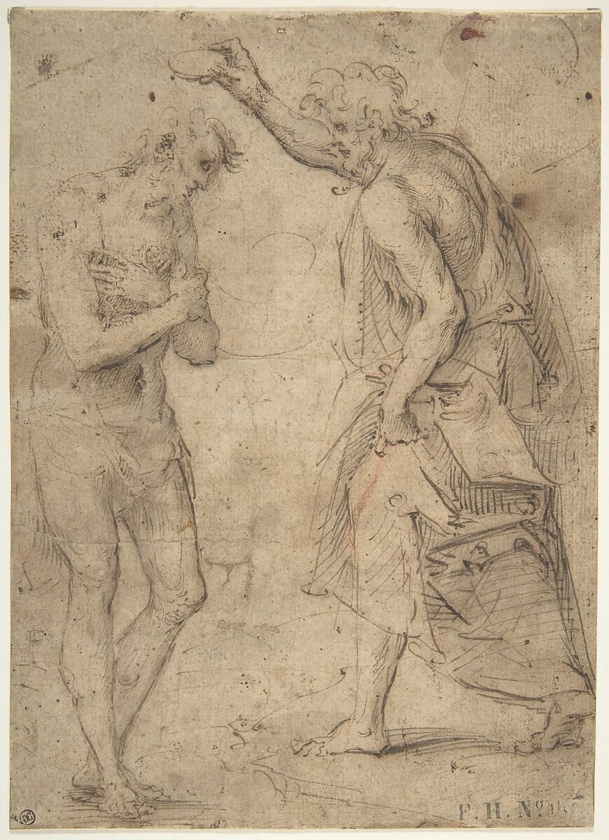 The Baptism of Christ, Moncalvo (Guglielmo Caccia) (Italian, Montabone 1568–1625 Moncalvo), Pen and brown ink, brush and brown wash, over some traces of red chalk, glued to secondary paper support 