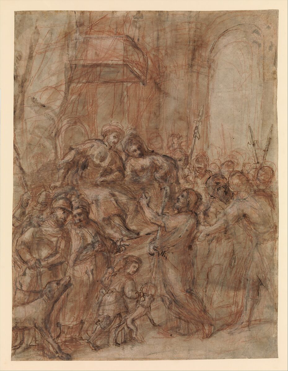 Saint John the Baptist before Herod and Herodias, Circle of Morazzone (Pier Francesco Mazzucchelli) (Italian, Morazzone 1573–?1626 Piacenza), Pen and brown ink, brush and brown wash, red chalk 