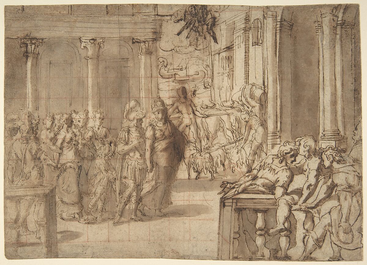 Dido and Aeneas (recto); Three Figures Traced in Reverse from Recto and a Study of a Seated Man (verso), Anonymous, Italian, 16th century (Italian, active Central Italy, ca. 1550–1580), Pen and brown ink, brush and brown wash, squared for transfer (recto); graphite, pen, and brown ink (verso) 