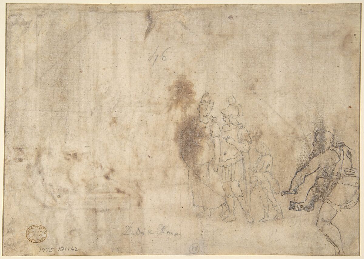 Dido and Aeneas (recto); Three Figures Traced in Reverse from Recto and a Study of a Seated Man (verso), Anonymous, Italian, 16th century (Italian, active Central Italy, ca. 1550–1580), Pen and brown ink, brush and brown wash, squared for transfer (recto); graphite, pen, and brown ink (verso)