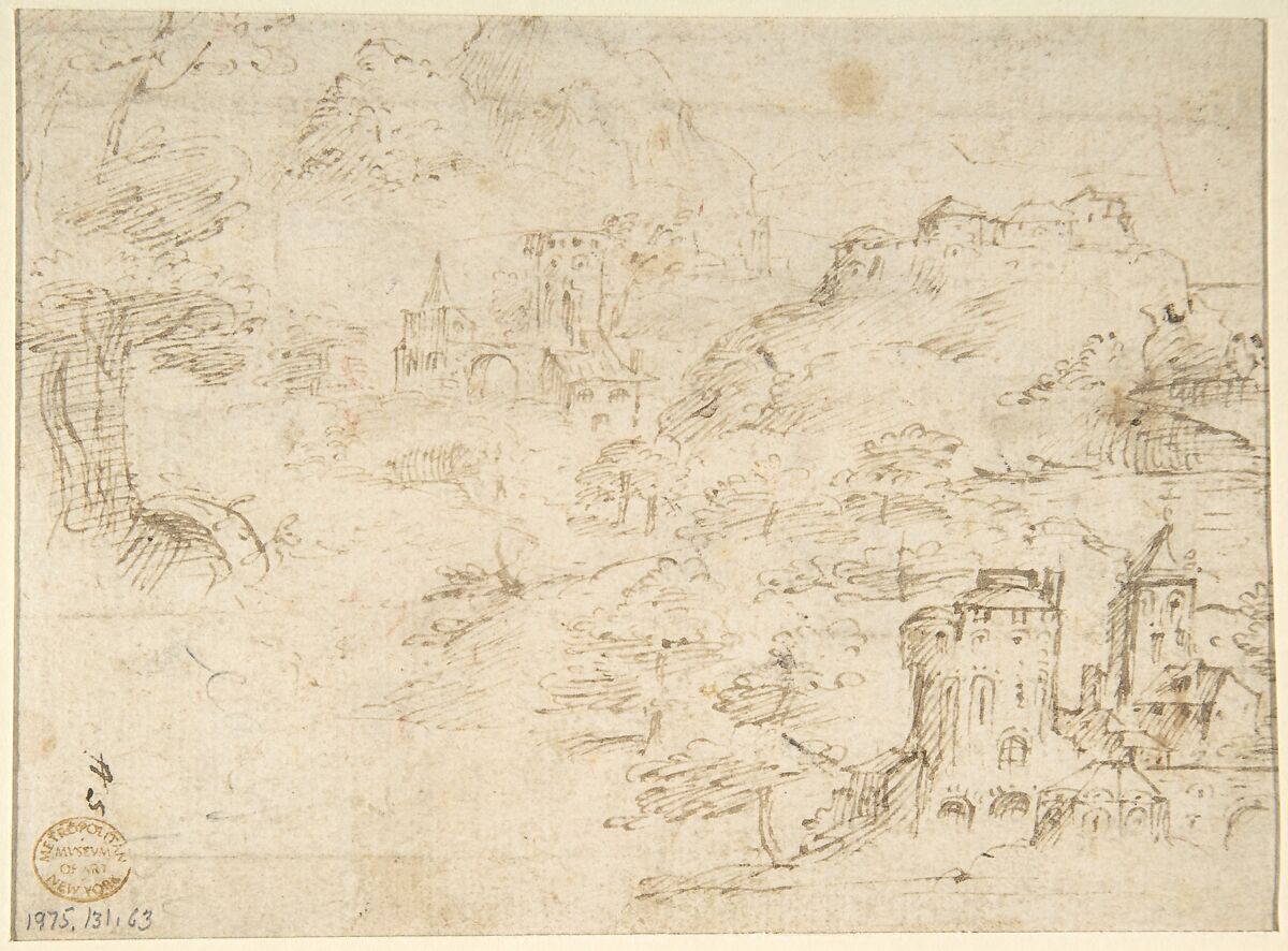 Flora (recto); Mountainous Landscape with Buildings (verso), Anonymous, Italian, 16th century (Italian, active Central Italy, ca. 1550–1580), Pen and brown ink