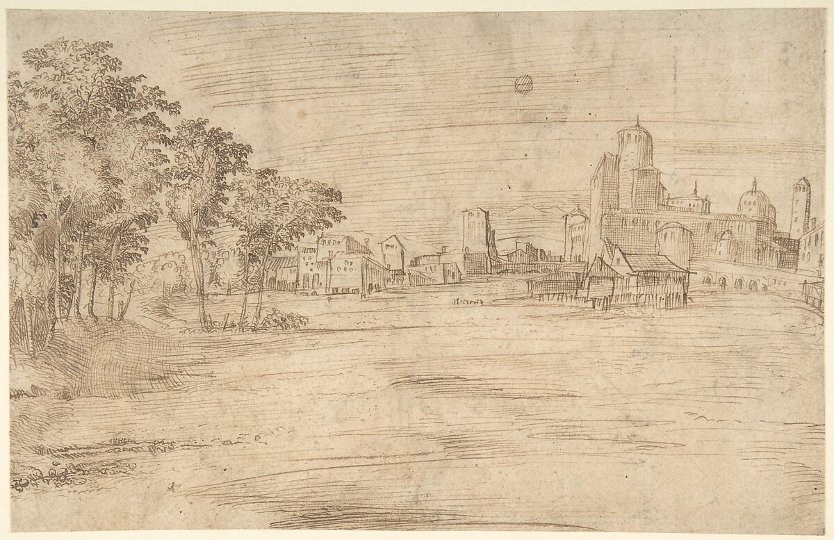 Landscape with Buildings (recto); Studies for a Flagellation (verso), Anonymous, Italian, 16th century (Italian, active Central Italy, ca. 1550–1580), Pen and brown ink 