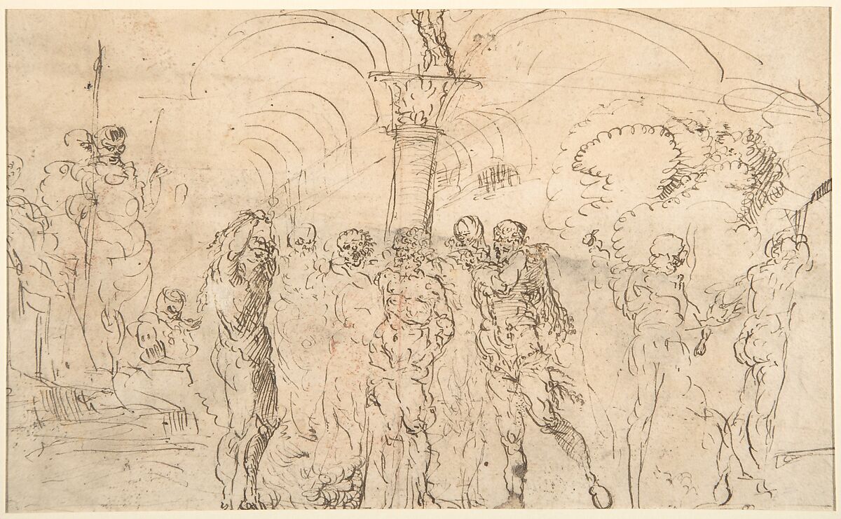 Landscape with Buildings (recto); Studies for a Flagellation (verso), Anonymous, Italian, 16th century (Italian, active Central Italy, ca. 1550–1580), Pen and brown ink