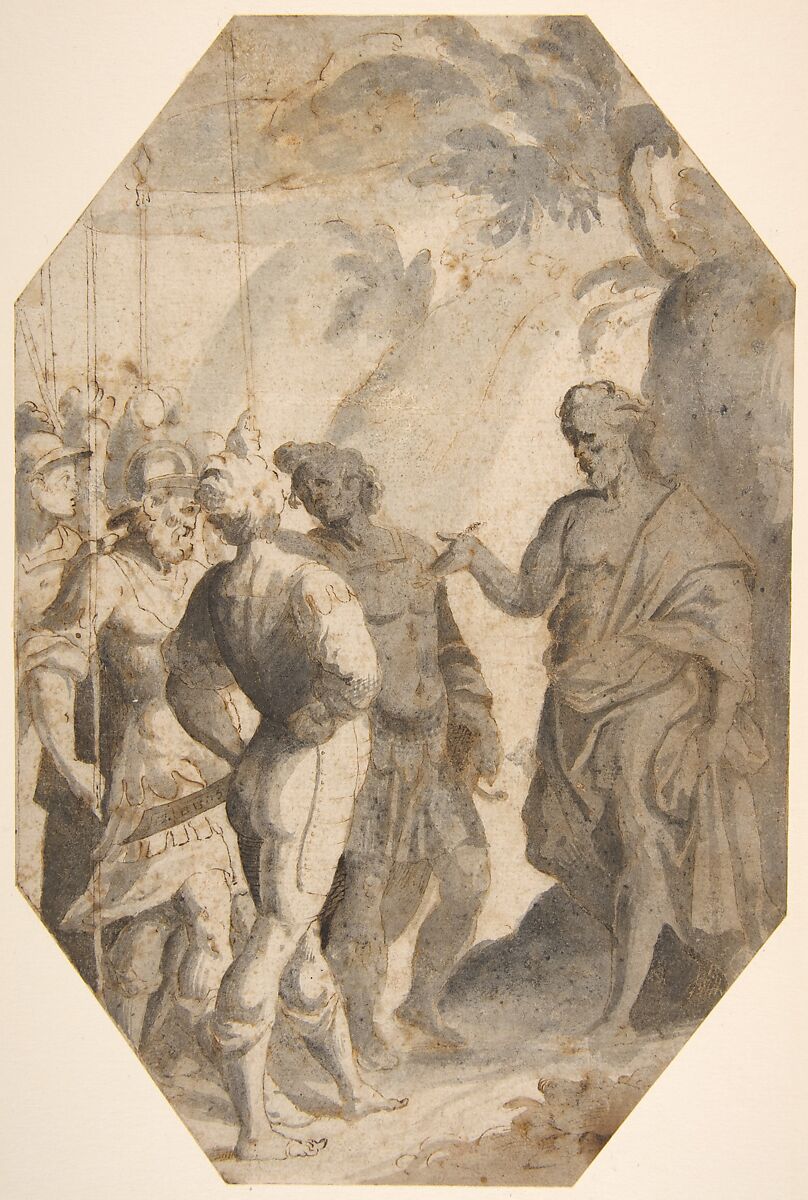Saint John the Baptist (?) Preaching to a Group of Soldiers, Giovanni Battista Trotti ("Il Malosso") (Italian, Cremona 1556–1619 Parma)  , attributed to, Pen and brown ink, brown and gray wash.  Octagonal 