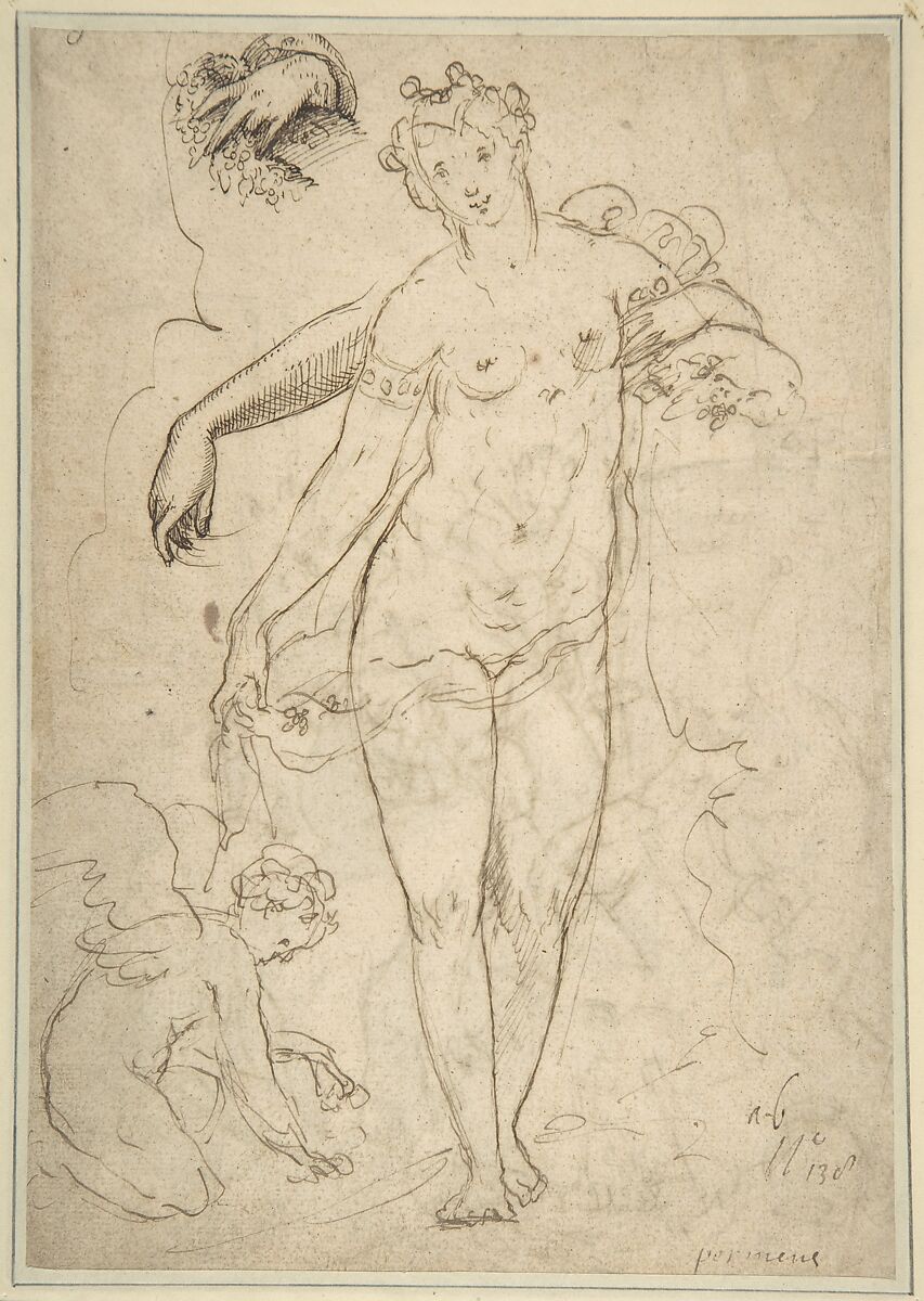 Standing Nude Female and Putto with Studies of a Hand and an Arm (recto); Satyrs destroying a Female Herm (verso), Anonymous, Italian, 16th century (Italian, active Central Italy, ca. 1550–1580), Pen and brown ink, brush and gray-brown wash 