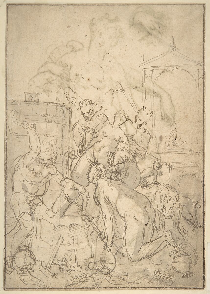 Standing Nude Female and Putto with Studies of a Hand and an Arm (recto); Satyrs destroying a Female Herm (verso), Anonymous, Italian, 16th century (Italian, active Central Italy, ca. 1550–1580), Pen and brown ink, brush and gray-brown wash