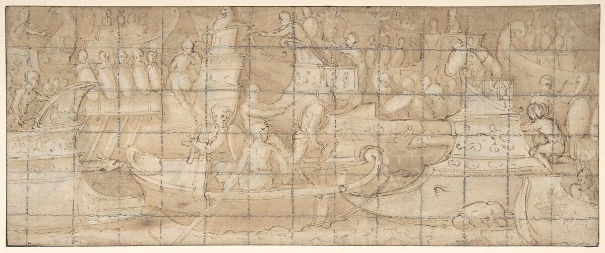 Antique Naval Battle (recto); A Battle Scene (verso), Lattanzio Gambara (Italian, Brescia ca. 1530–1574 Brescia), Pen and brown ink, brush and brown wash, squared for transfer in black chalk (recto); black chalk (verso) 