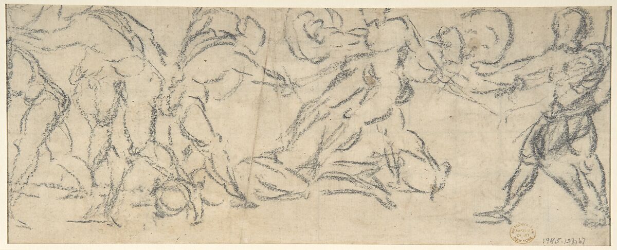 Antique Naval Battle (recto); A Battle Scene (verso), Lattanzio Gambara (Italian, Brescia ca. 1530–1574 Brescia), Pen and brown ink, brush and brown wash (recto); black chalk (verso); squared in black chalk
