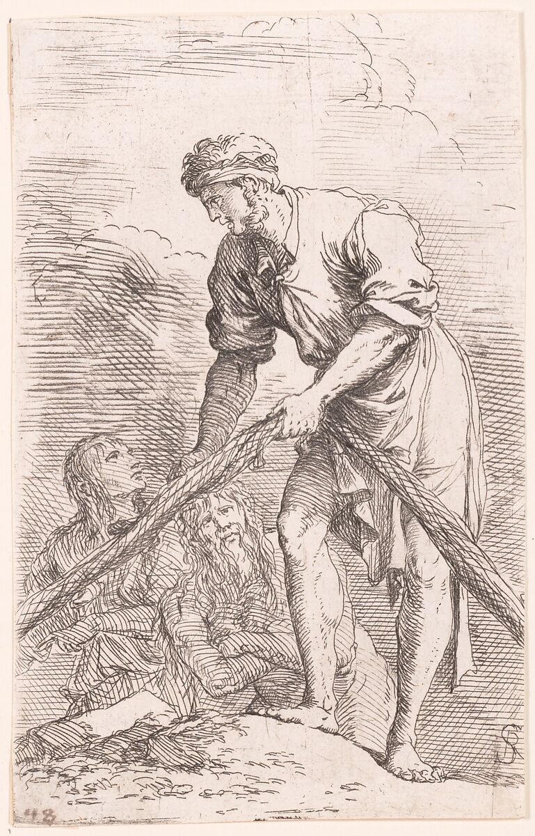 A man pulling a net with two figures behind him, from "Figurine", Salvator Rosa (Italian, Arenella (Naples) 1615–1673 Rome), Etching and Drypoint 