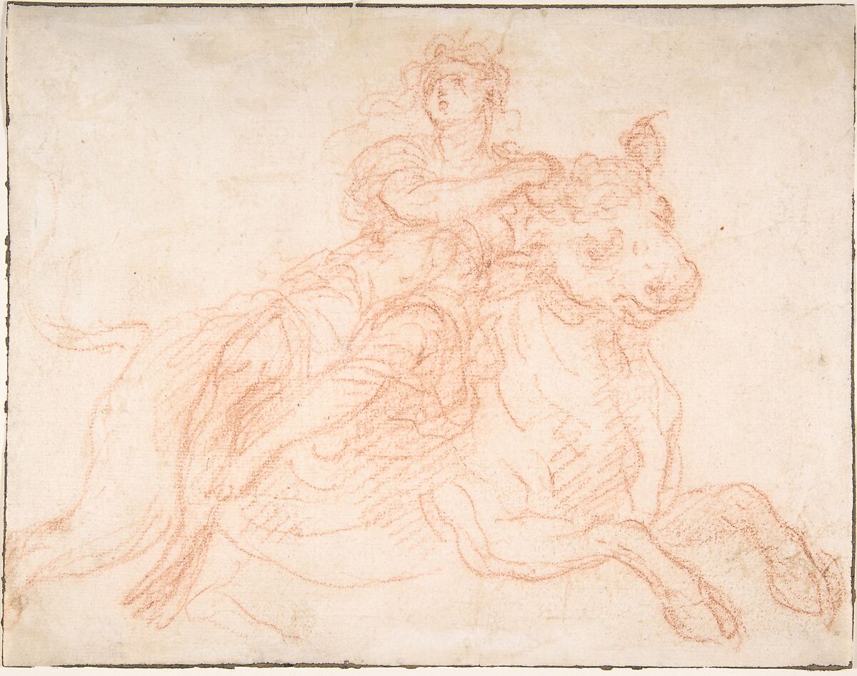 Europa and the Bull, Anonymous, Italian, Bolognese, 17th century, Red chalk 