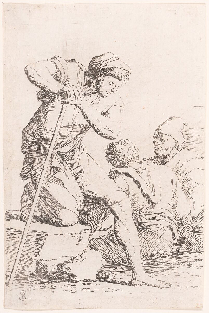 Two men sitting and another man holding a staff kneeling on a rock, from "Figurine", Salvator Rosa (Italian, Arenella (Naples) 1615–1673 Rome), Etching 