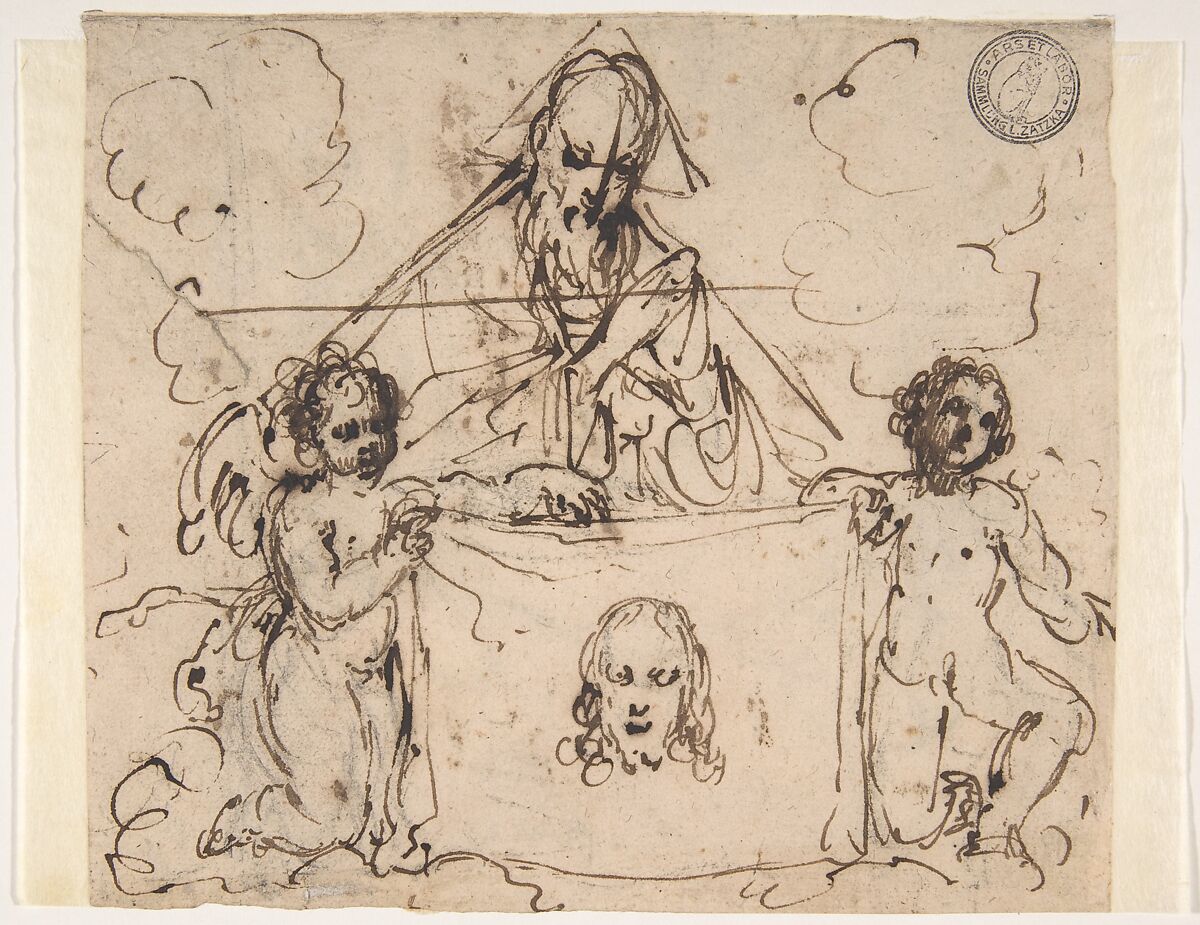 Veronica's Veil Held by Two Angels and God the Father(?), Anonymous, Italian, Bolognese, 17th century, Charcoal, pen and ink on paper 