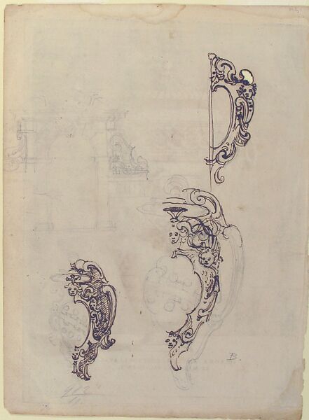 Designs for Cartouches, Containing Arms of Cardinal Aldobrandini (Later Pope Clement VIII), with Arch in Upper Left (recto); engraving by Enea Vico, urn with lion heads and garlands (verso), Attributed to Christofero Albani (Italian, documentation in process), Pen and brown ink over leadpoint or black chalk (recto); engraving (verso)