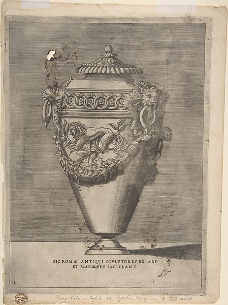 Designs for Cartouches, Containing Arms of Cardinal Aldobrandini (Later Pope Clement VIII), with Arch in Upper Left (recto); engraving by Enea Vico, urn with lion heads and garlands (verso), Attributed to Christofero Albani (Italian, documentation in process), Pen and brown ink over leadpoint or black chalk (recto); engraving (verso)