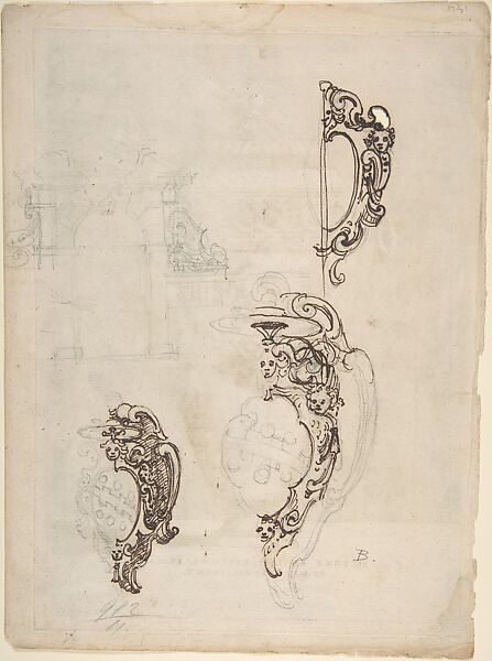 Designs for Cartouches, Containing Arms of Cardinal Aldobrandini (Later Pope Clement VIII), with Arch in Upper Left (recto); engraving by Enea Vico, urn with lion heads and garlands (verso), Attributed to Christofero Albani (Italian, documentation in process), Pen and brown ink over leadpoint or black chalk (recto); engraving (verso) 