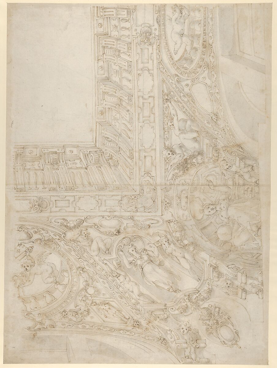 Project for a Rectangular Ceiling with Papal Coat of Arms (recto); Design for a Courtyard (verso), Giovanni Alberti (Italian, Borgo San Sepolcro 1558–1601 Rome), Pen and brown ink, brush with brown and gray wash, ruling and compass work, over traces of black chalk 