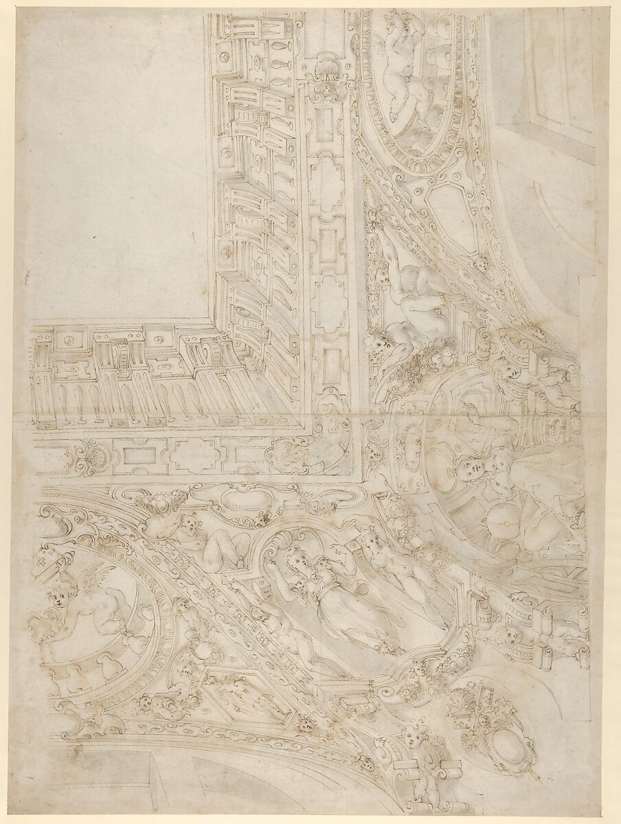 Project for a Rectangular Ceiling with Papal Coat of Arms (recto); Design for a Courtyard (verso), Giovanni Alberti  Italian, Pen and brown ink, brush with brown and gray wash, ruling and compass work, over traces of black chalk