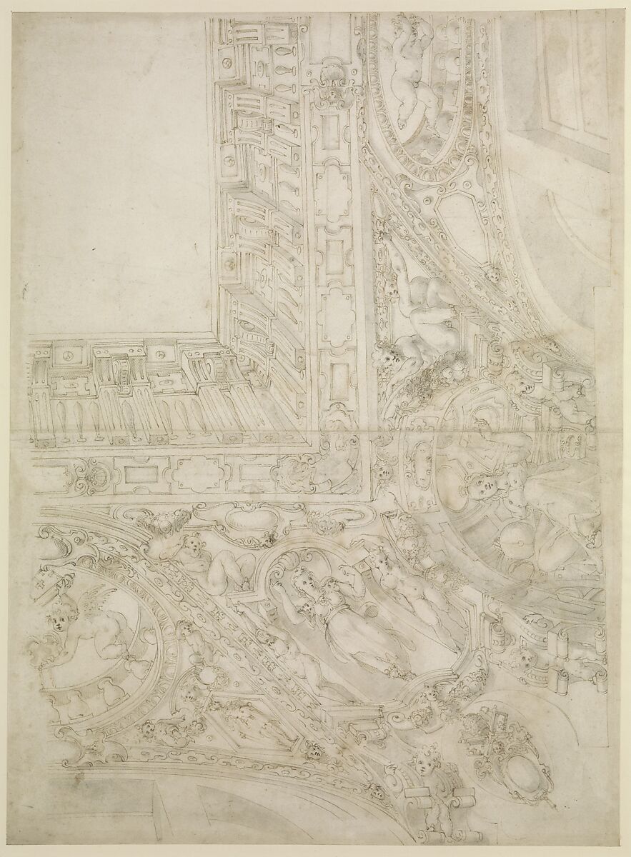 Project for a Rectangular Ceiling with Papal Coat of Arms (recto); Design for a Courtyard (verso), Giovanni Alberti (Italian, Borgo San Sepolcro 1558–1601 Rome), Pen and brown ink, brush with brown and gray wash, ruling and compass work, over traces of black chalk