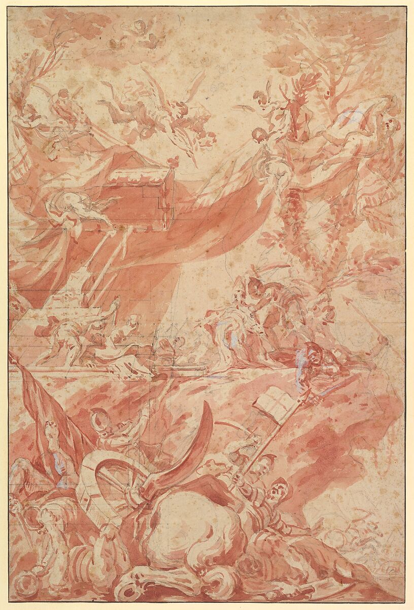 Scene of Martyrdom, Giovanni Larciani ("Master of the Kress Landscapes") (Italian, 1484–1527), Brush and red wash, over black chalk, highlighted with white; framing lines in pen and brown ink 