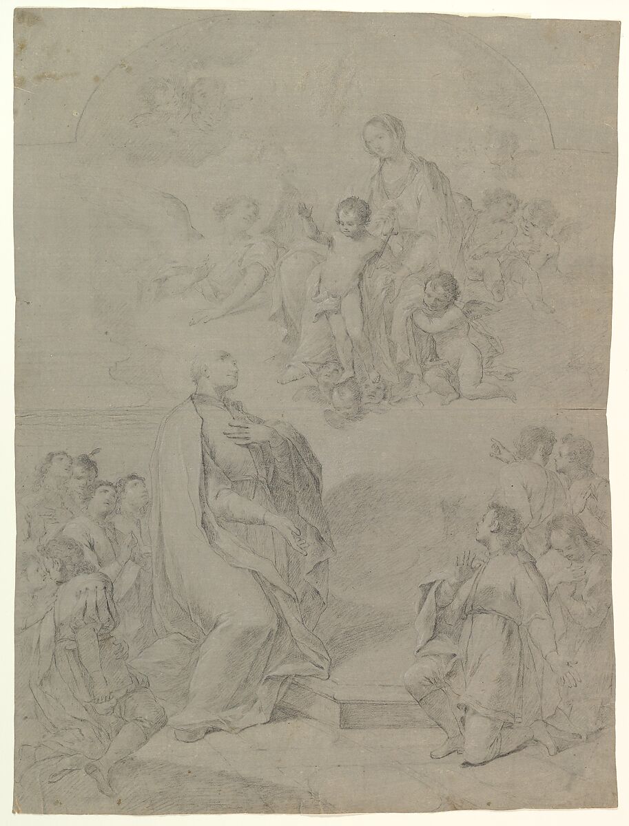 The Virgin Appearing to Saint Joseph Calasanctius, Attibuted to Marco Caprinozzi (Italian, Civita Castellana or Vignanello 1711–1778 Rome) (?), Black chalk, highlighted with white, on gray prepared paper 