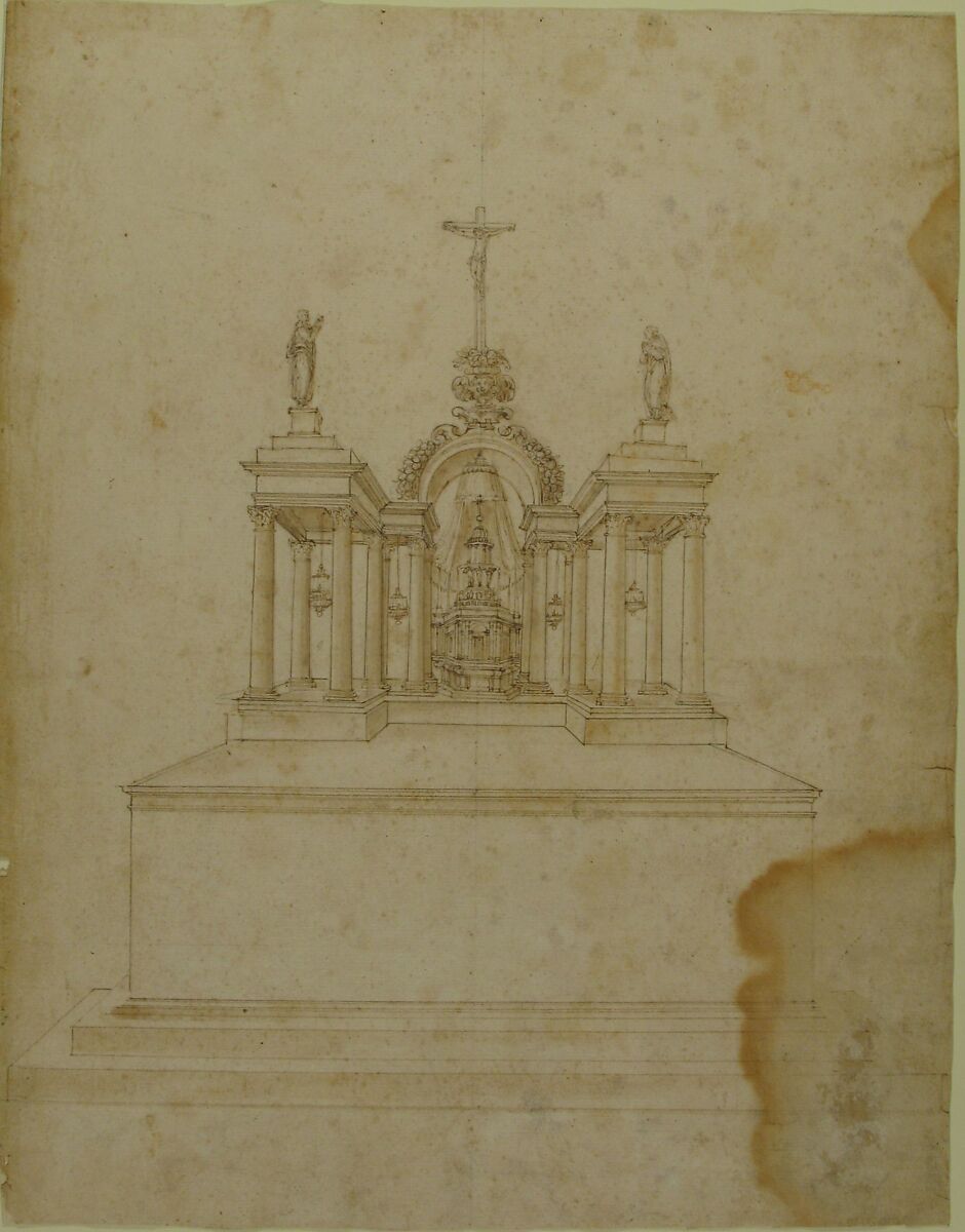 Design for a Tabernacle Surmounted by Christ on the Cross and Praying Figures (the Virgin and Saint John?), Galeazzo Alessi (Italian, Perugia 1512–1572 Perugia), Pen and brown ink over traces of preliminary constructions in graphite, brush and light brown wash
