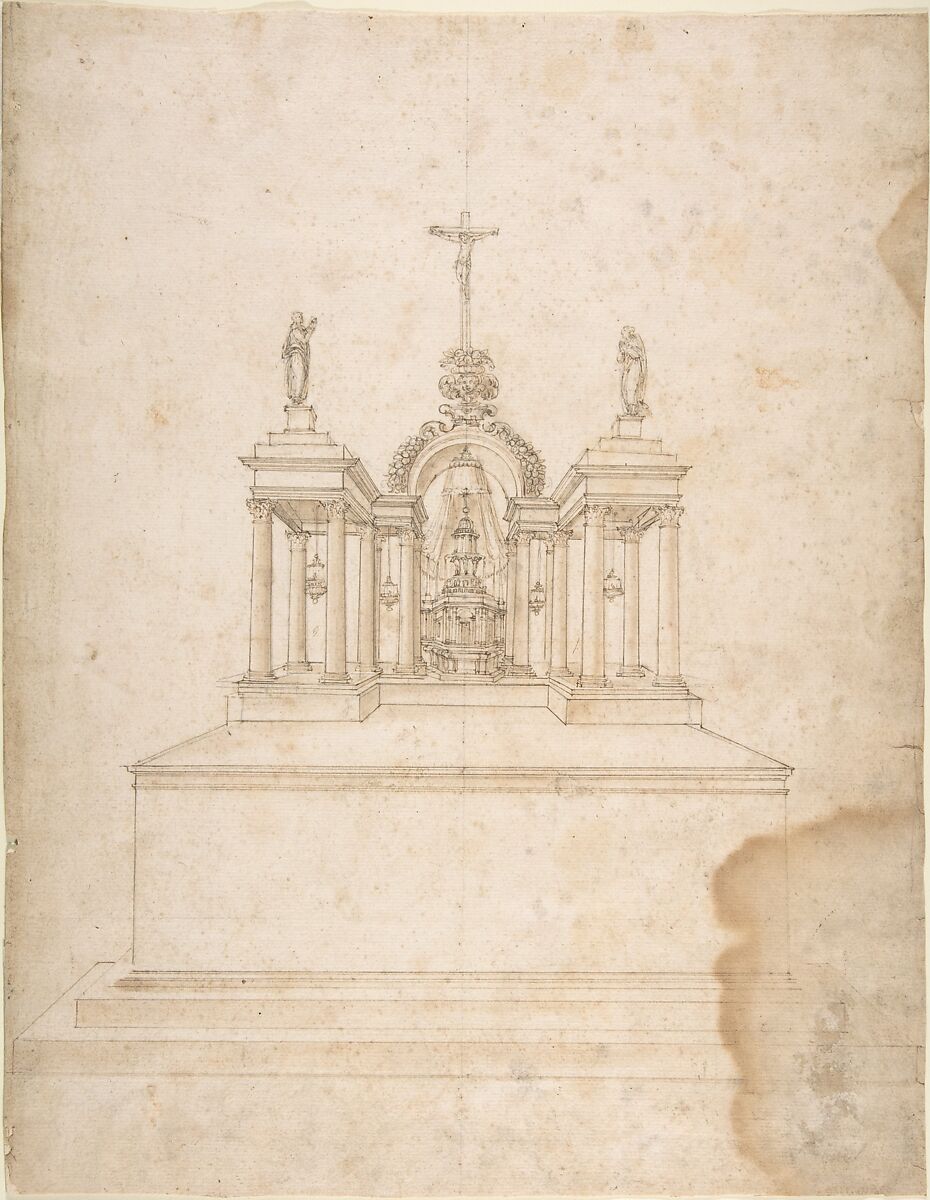 Design for a Tabernacle Surmounted by Christ on the Cross and Praying Figures (the Virgin and Saint John?), Galeazzo Alessi (Italian, Perugia 1512–1572 Perugia), Pen and brown ink over traces of preliminary constructions in graphite, brush and light brown wash 