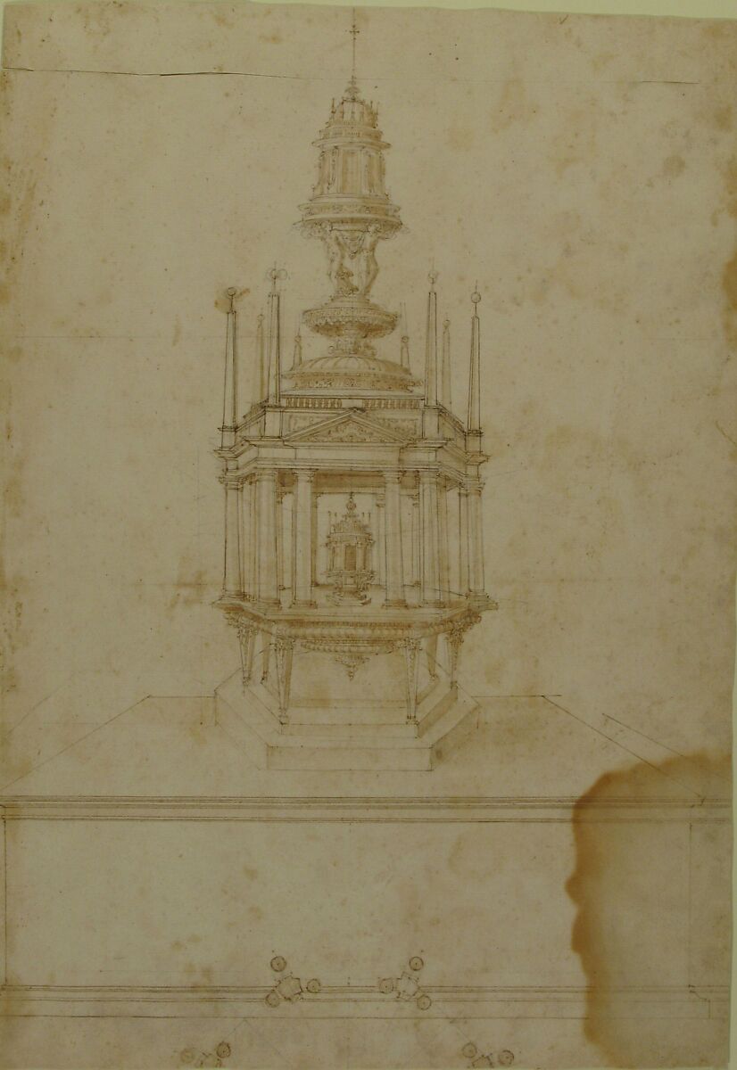 Design for an Polygonal Tabernacle, with Obelisks and a Pediment Surmounted by Three Figures Supporting a Tempietto-like Structure, Galeazzo Alessi (Italian, Perugia 1512–1572 Perugia), Pen and brown ink, brush and brown wash, over preliminary constructions in black chalk or graphite