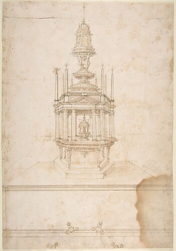 Design for an Polygonal Tabernacle, with Obelisks and a Pediment Surmounted by Three Figures Supporting a Tempietto-like Structure