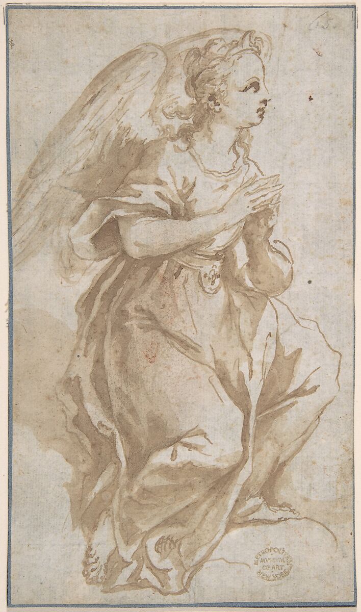 An Angel in Adoration, Anonymous, Italian, Roman-Bolognese, 17th century, Pen and brown ink, brush and brown wash 
