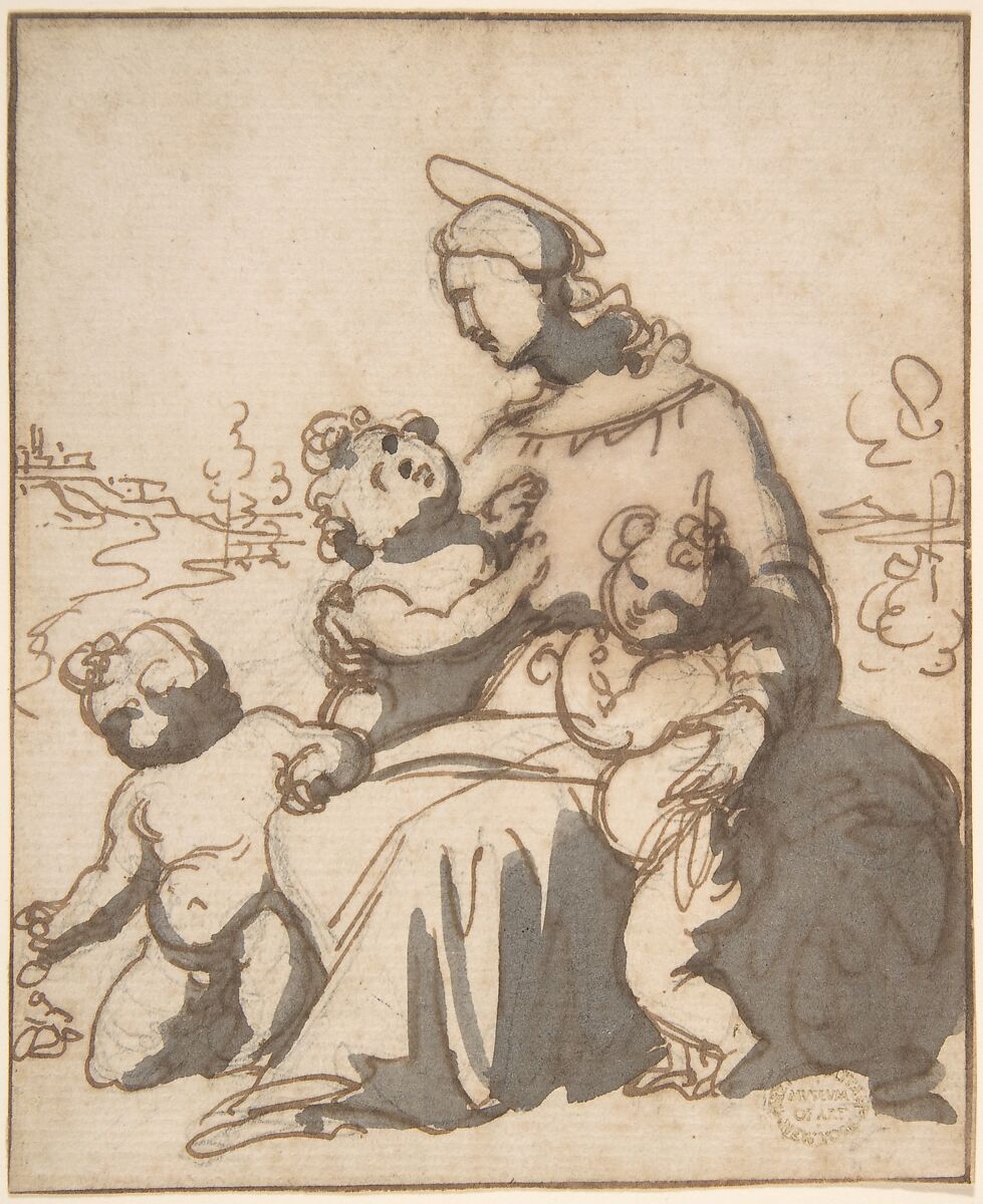 Madonna and Children, Anonymous, Italian, 16th century (Italian, active Central Italy, ca. 1550–1580), Pen and ink, brush and wash 