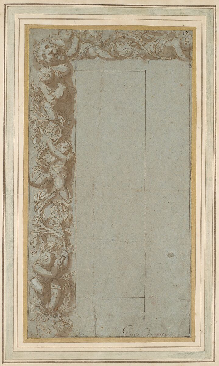 Design for Ornamental Border with Foliage, Putti and a Lion's Head, Alessandro Allori (Italian, Florence 1535–1607 Florence), Pen and brown ink, brush and brown wash, over traces of black chalk or graphite, highlighted with white gouache, on blue paper