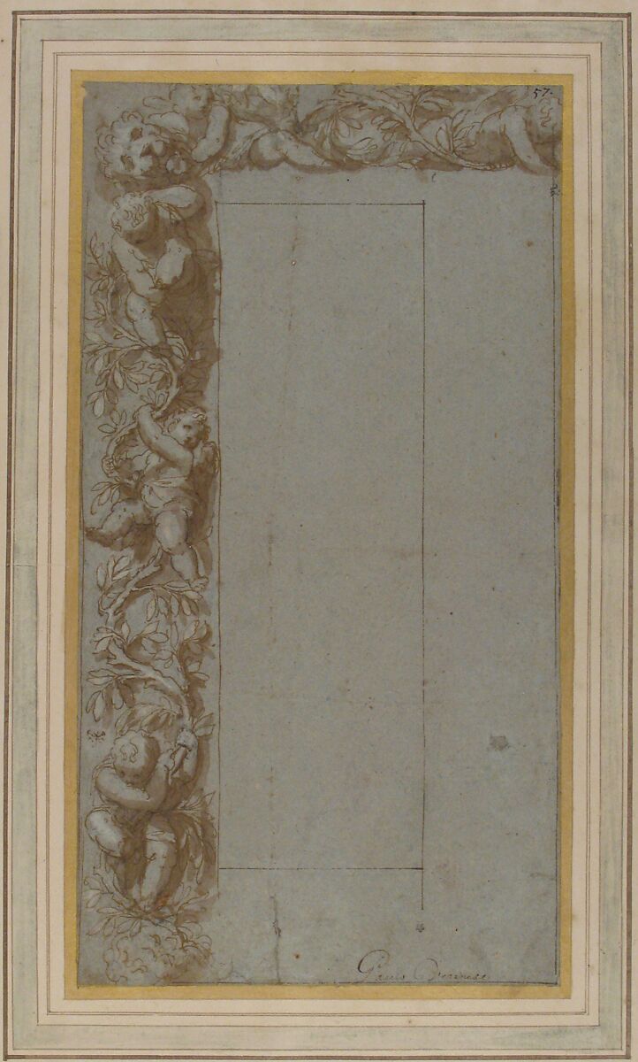 Design for Ornamental Border with Foliage, Putti and a Lion's Head, Alessandro Allori (Italian, Florence 1535–1607 Florence), Pen and brown ink, brush and brown wash, over traces of black chalk or graphite, highlighted with white gouache, on blue paper
