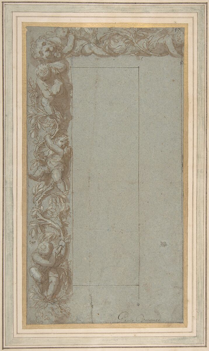Design for Ornamental Border with Foliage, Putti and a Lion's Head, Alessandro Allori (Italian, Florence 1535–1607 Florence), Pen and brown ink, brush and brown wash, over traces of black chalk or graphite, highlighted with white gouache, on blue paper, pasted down on a Talman mount 